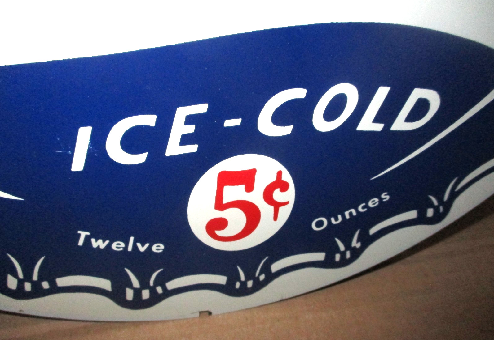 PEPSI-COLA – Twelve Ounces – 5c — Round Tin 12″ PEPSI SIGN – Red & White & Blue