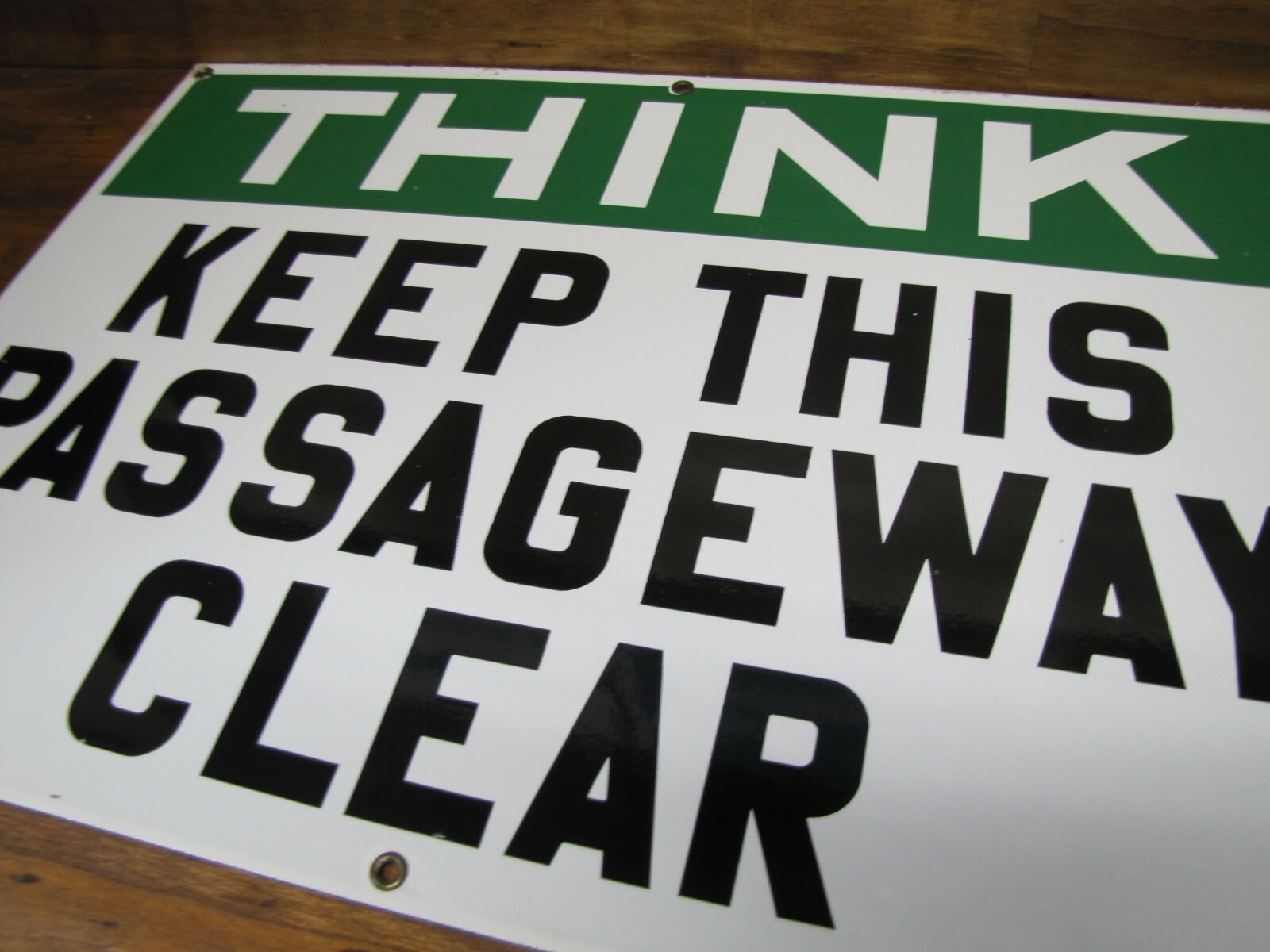 THINK KEEP THIS PASSAGEWAY CLEAR Old Porcelain Industrial Shop RR Ad Sign 14×20