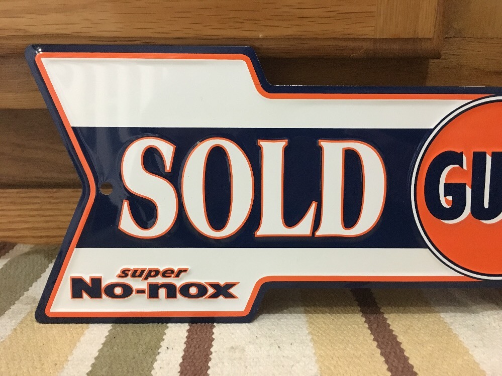 Gulf Gas Oil Sold Here Arrow Metal Sign Gasoline Petroleum Man Cave Garage NEW