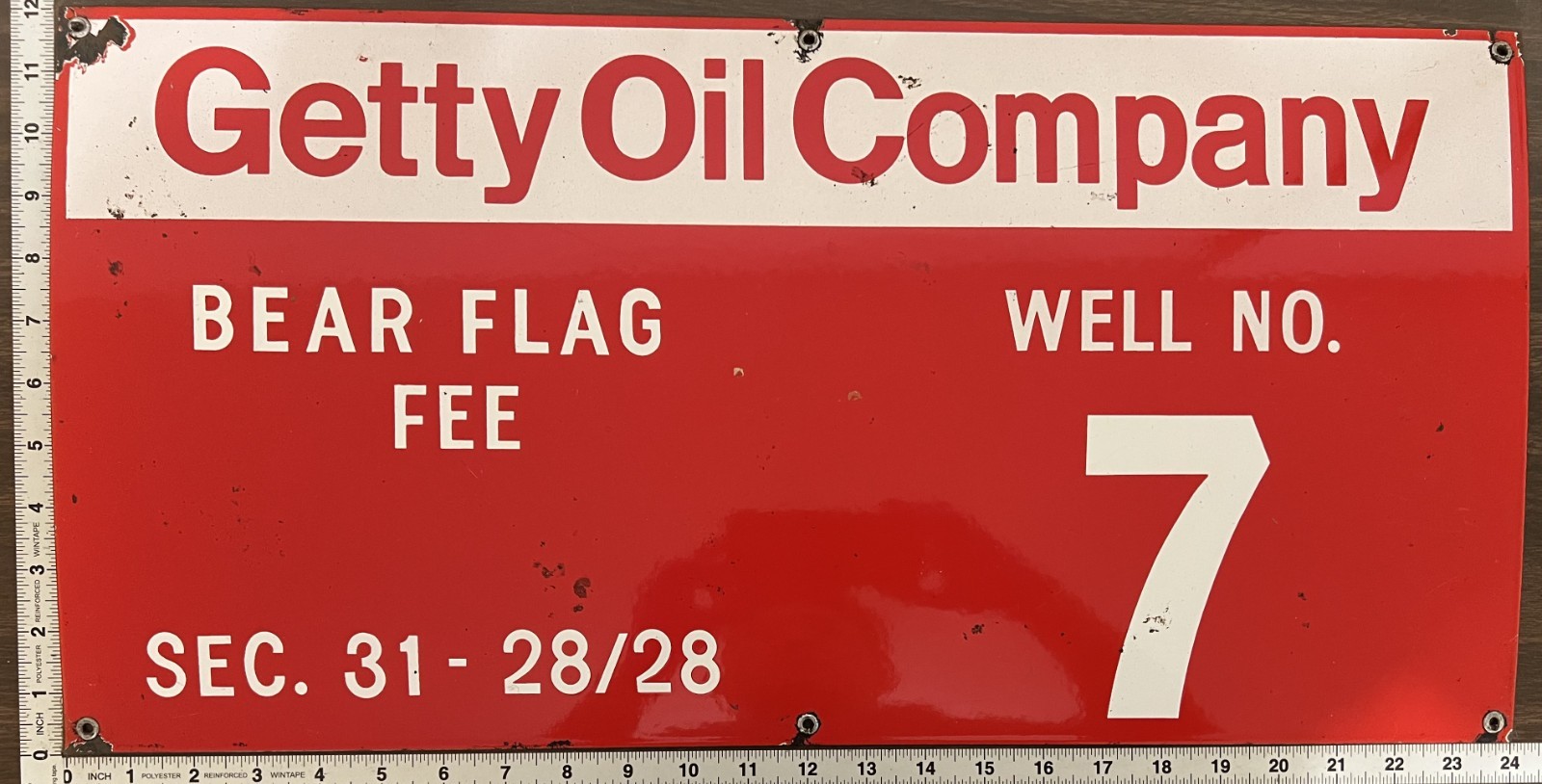 Vintage Porcelain Oil Field Sign – Getty Oil Company Bear Flag Fee Well No 7