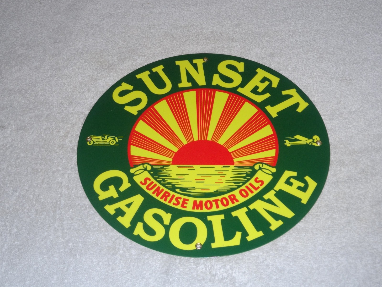 VINTAGE SUNRISE MOTOR OILS SUNSET GASOLINE 11 3/4″ PORCELAIN METAL AIRPLANE SIGN