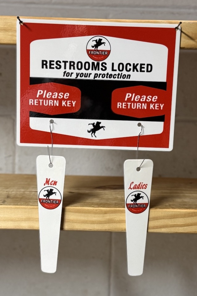 FRONTIER GASOLINE RESTROOMS KEY HANGER WITH FOBS GAS OIL GARAGE STATION SIGN