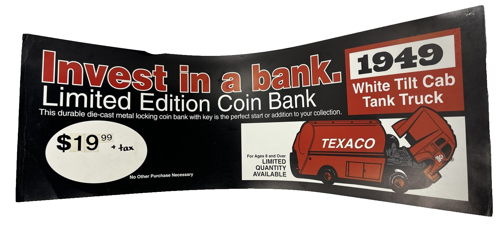 12 X 36 TEXACO 1949 WHITE TILT CAB TANK TRUCK LIMITED EDITION COIN BANK ADVERTIS