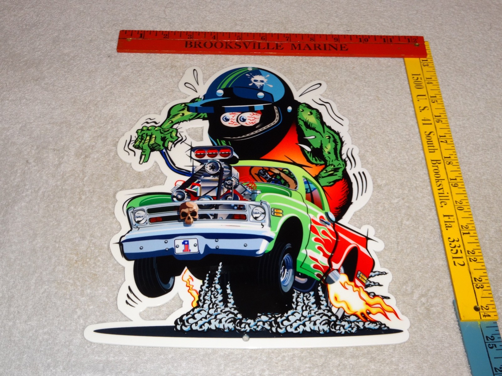 VINTAGE RATFINK RIDES IN GREEN TRUCK PORCELAIN METAL RAT FINK GASOLINE OIL SIGN!