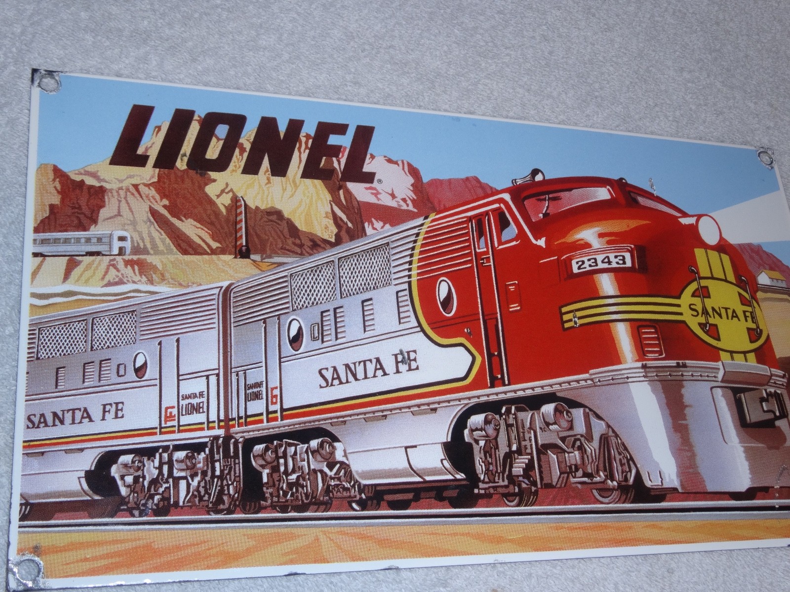 VINTAGE LIONEL SANTA FE TRAIN NORTHERN STEAM LOCOMOTIVE 14″ PORCELAIN METAL SIGN