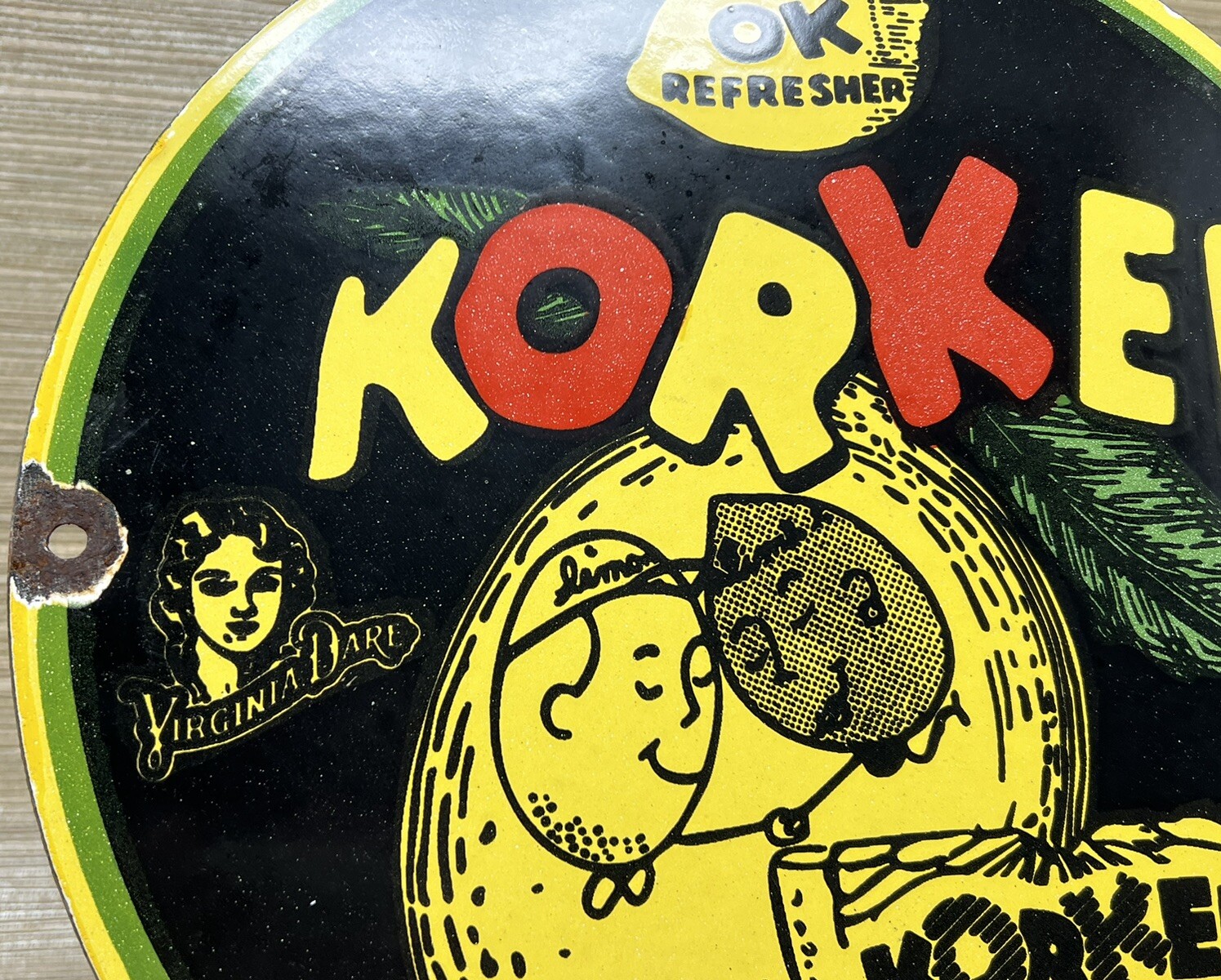 VINTAGE DRINK KORKER PORCELAIN SIGN SODA POP GAS OIL 7UP PEPSI COCA COLA DEW