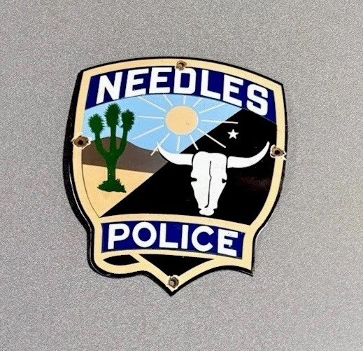 VINTAGE NEEDLES POLICE SHIELD PORCELAIN SIGN CAR GAS TRUCK MOTORCYCLE OIL