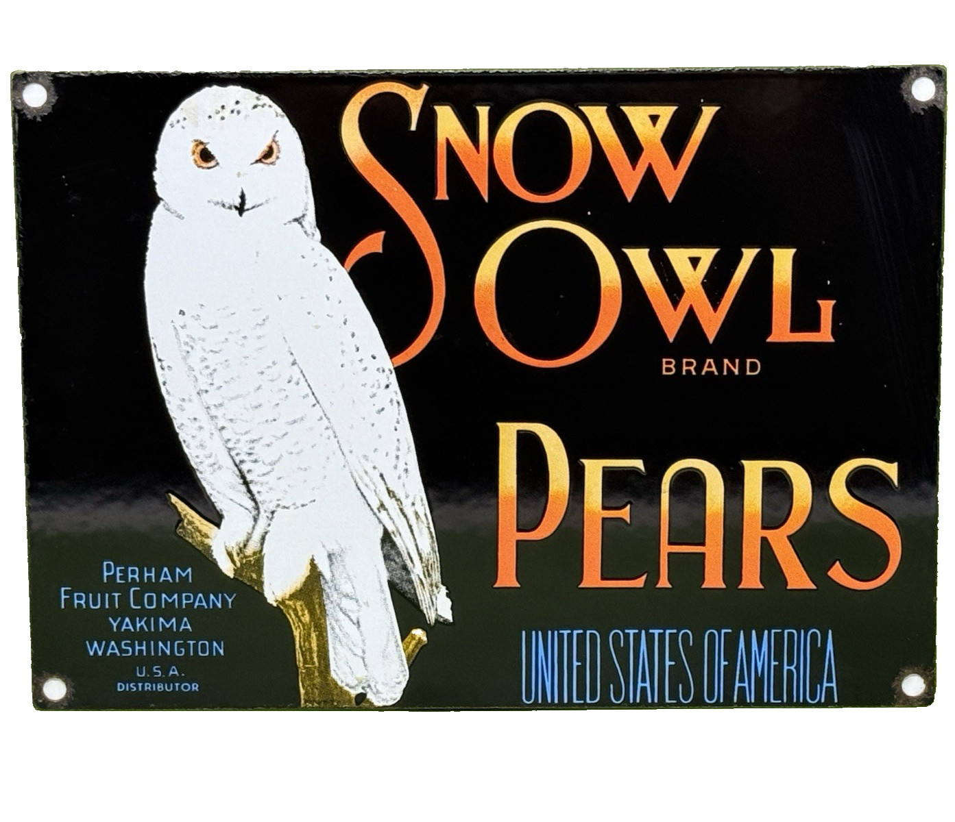 VINTAGE SNOW OWL PEARS PORCELAIN SIGN GROCERY STORE YAKIMA WASHINGTON FRUIT