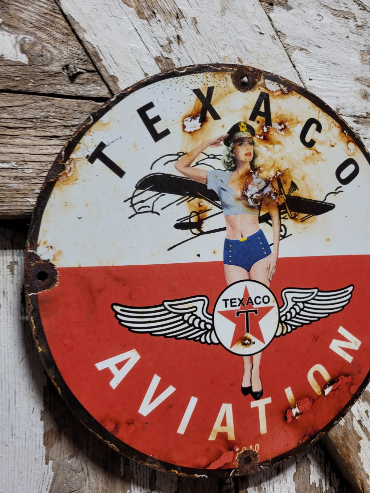 VINTAGE TEXACO PORCELAIN SIGN OLD 12″ AVIATION GAS MOTOR OIL WOMAN PILOT SAILOR