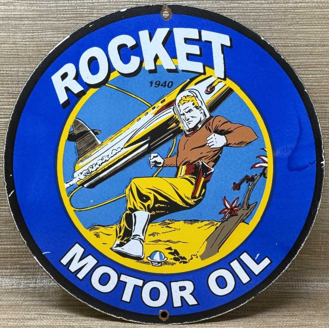 VINTAGE ROCKET MOTOR OIL PORCELAIN SIGN GAS STATION PUMP PLATE DENNIS THE MENACE