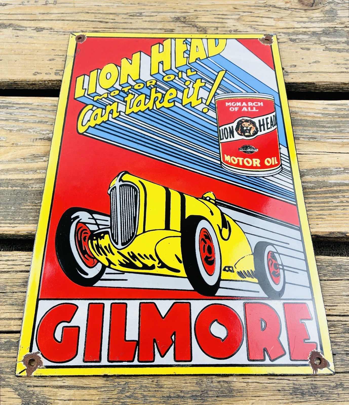 VINTAGE GILMORE MOTOR OIL 12×9″ LION HEAD GAS STATION PORCELAIN OIL RACING SIGN