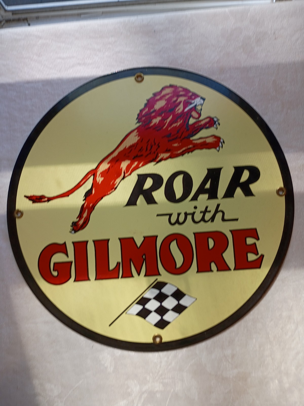 VTG Style Gilmore/Racing Fuel/Round Porcelain Sign-Roar with Gilmore-11.7″Garage