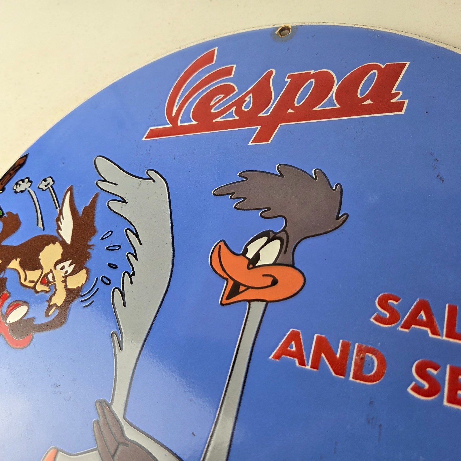 Vintage Vespa Sign – Road Runner Bike Gas Pump Service Station Porcelain Sign