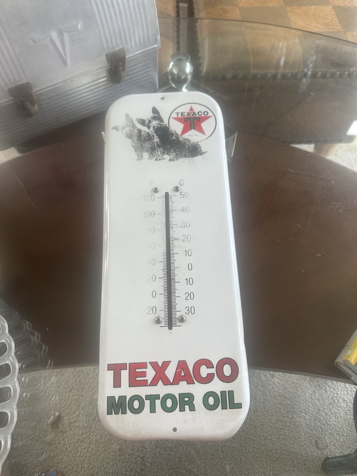 VTG 1999 Licensed R &B Texaco Motor Oil Scottie Dogs Metal Thermometer Sign 16×6