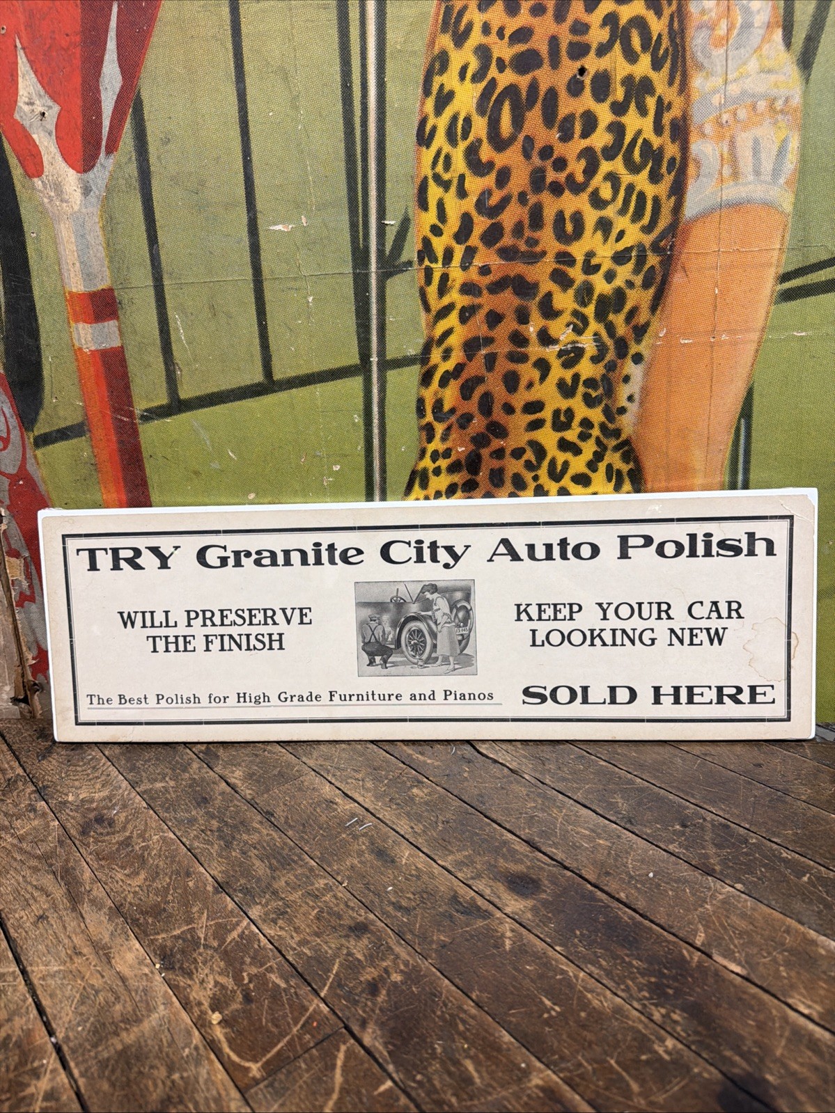 VINTAGE C. 1910 GRANITE CITY AUTO POLISH SIGN GAS OIL CAR GRAPHIC GARAGE PIANOS