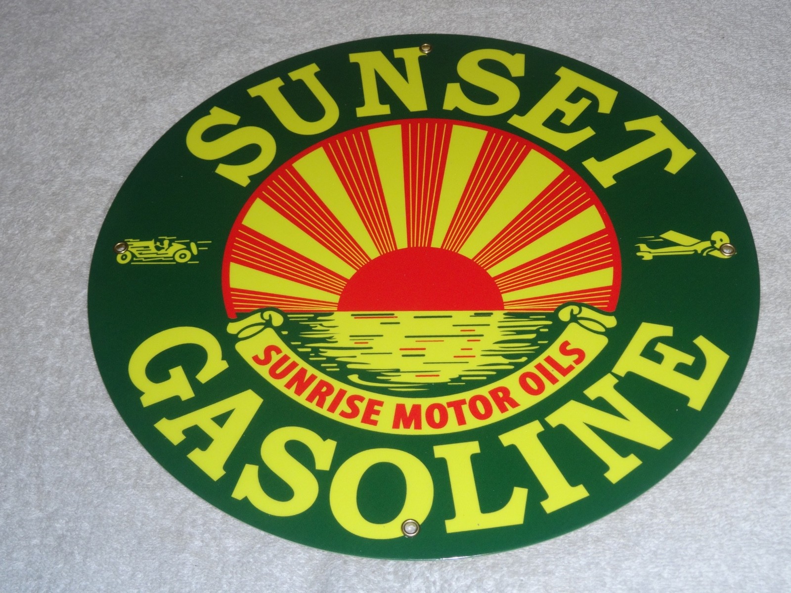 VINTAGE SUNRISE MOTOR OILS SUNSET GASOLINE 11 3/4″ PORCELAIN METAL AIRPLANE SIGN