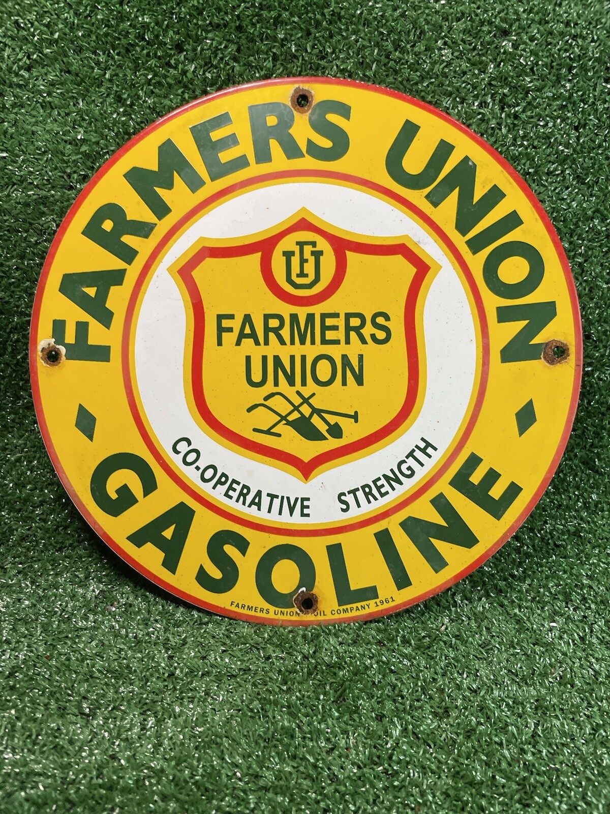 VINTAGE FARMERS UNION OIL CO PORCELAIN SIGN 1961 GAS STATION OIL FARM TRACTOR