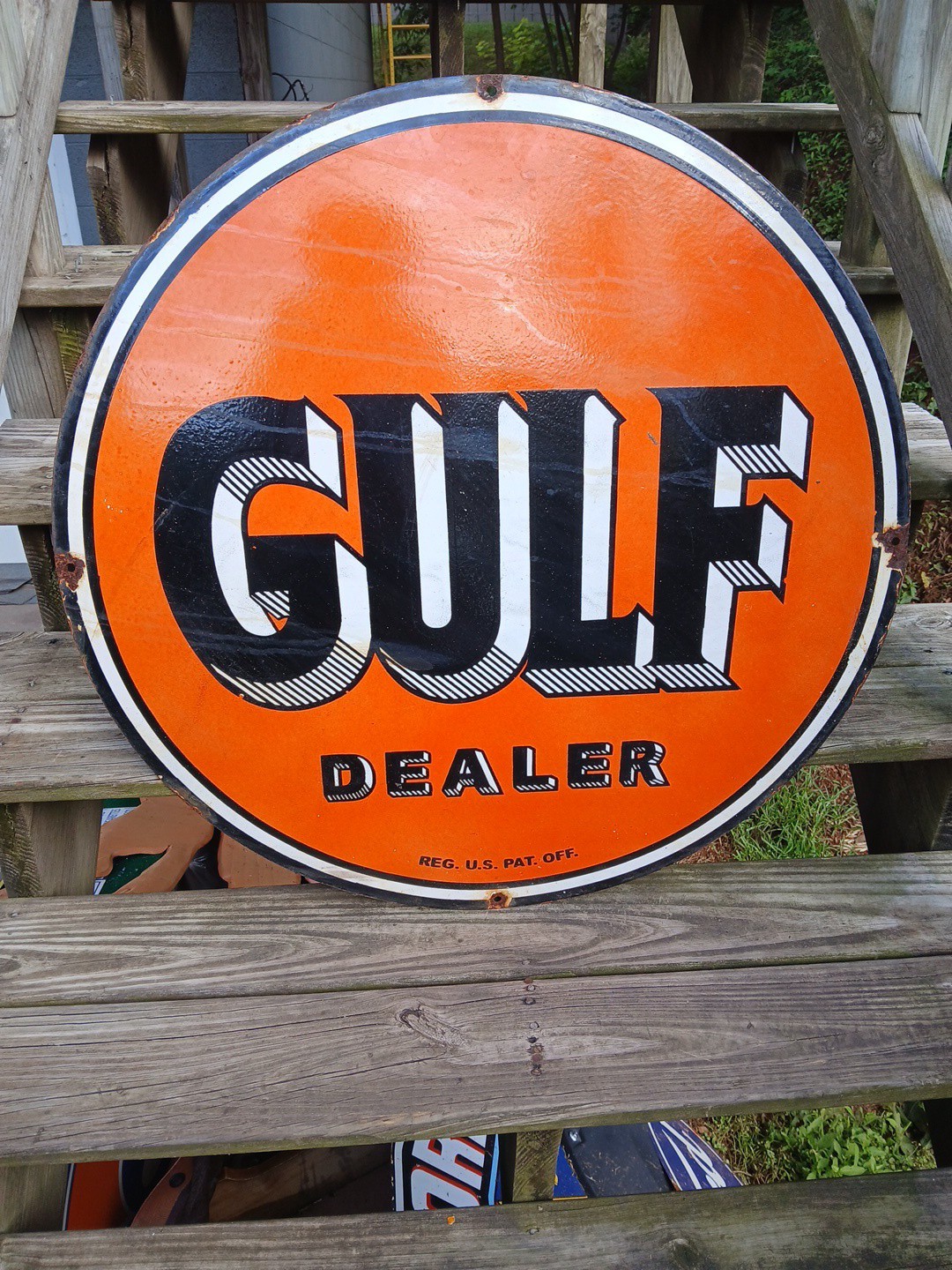 VTG LARGE GULF DEALER SIGN 30″ GAS OIL SERVICE STATION SERVICE PORCELAIN SIGN