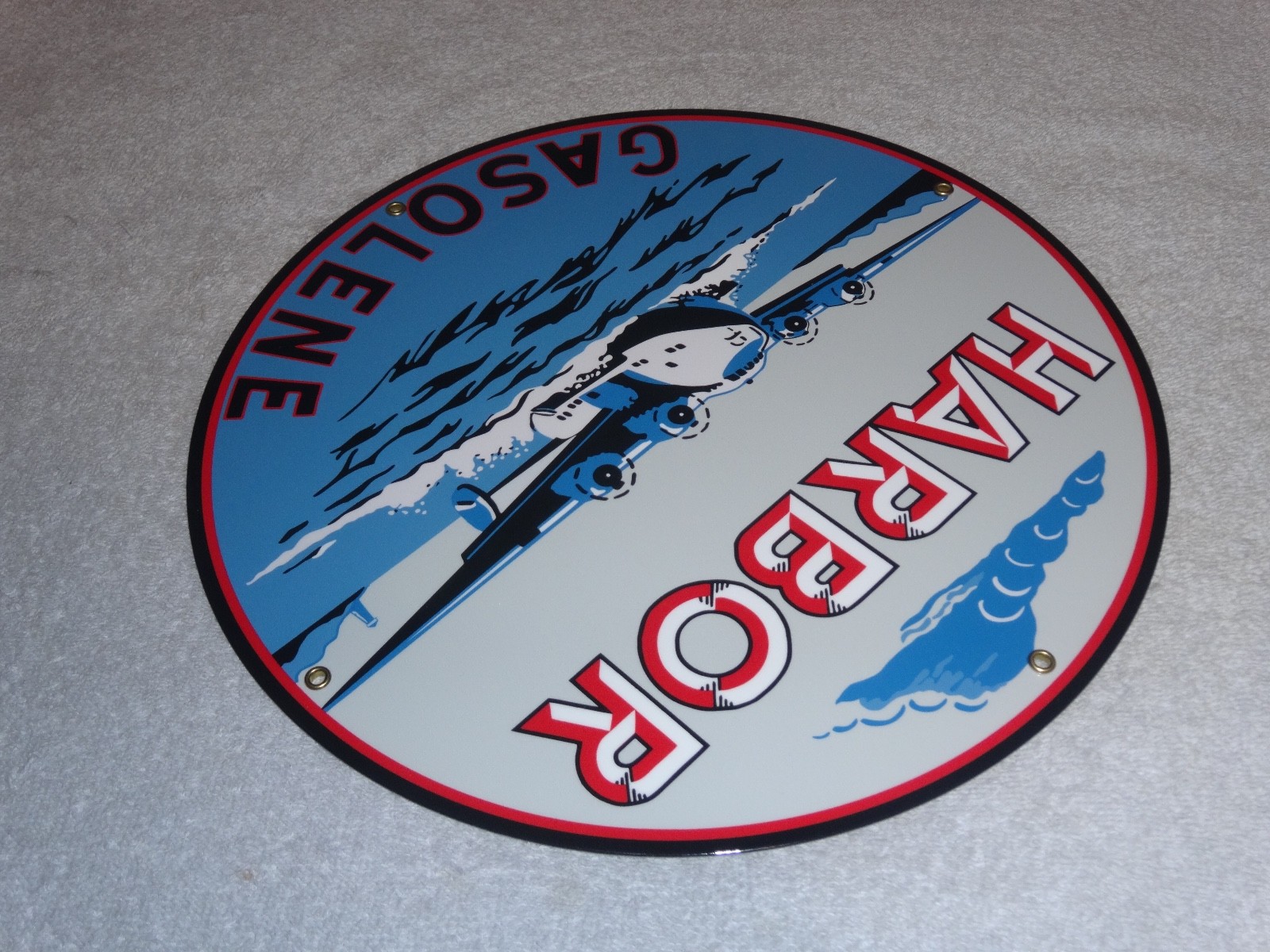 VINTAGE HARBOR GASOLINE AIRPLANE SEAPLANE 11 3/4″ PORCELAIN METAL GAS & OIL SIGN