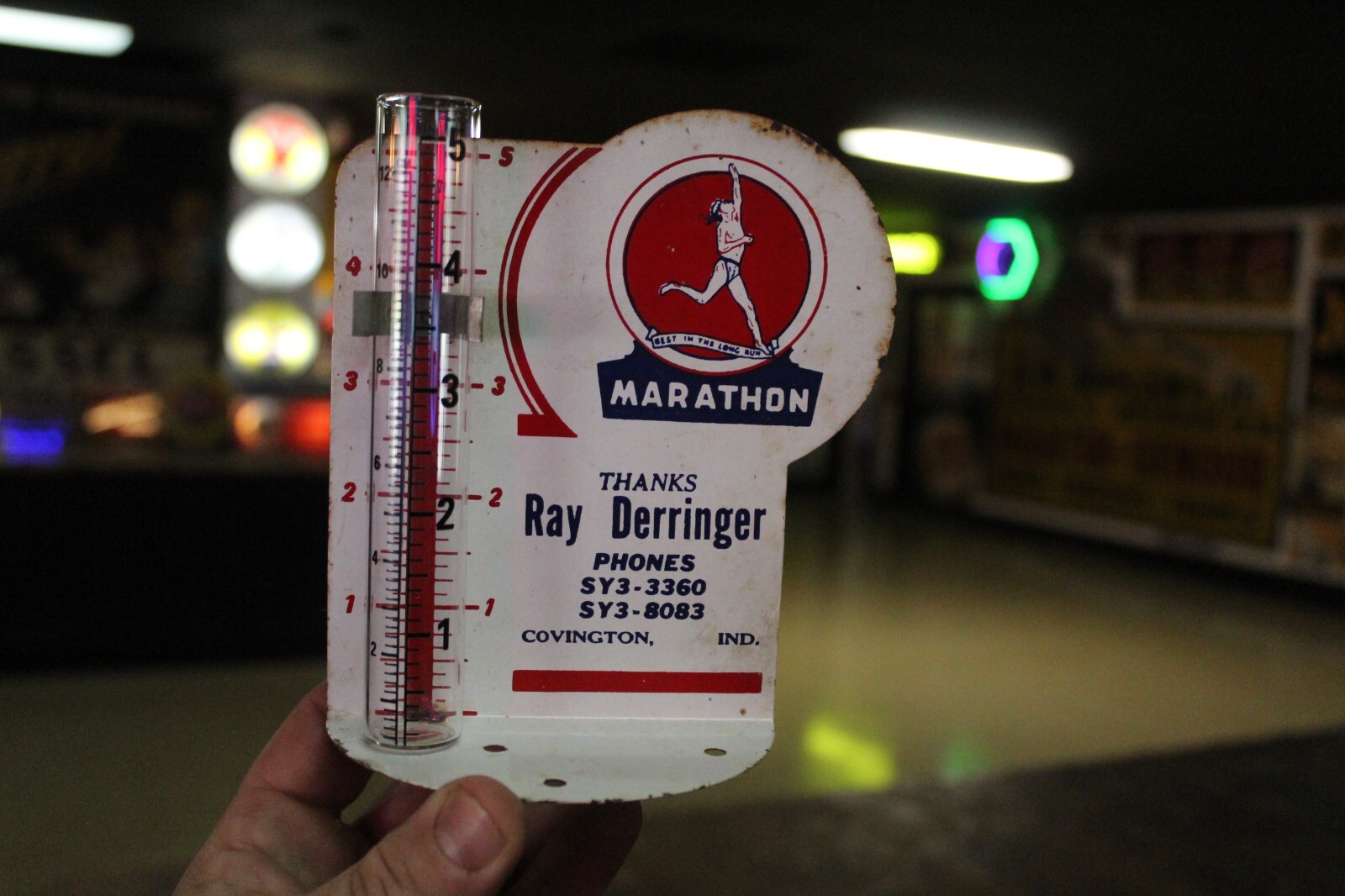 SCARCE 1950s MARATHON GAS OIL STATION PAINTED METAL RAIN GAUGE SIGN COVINGTON IN