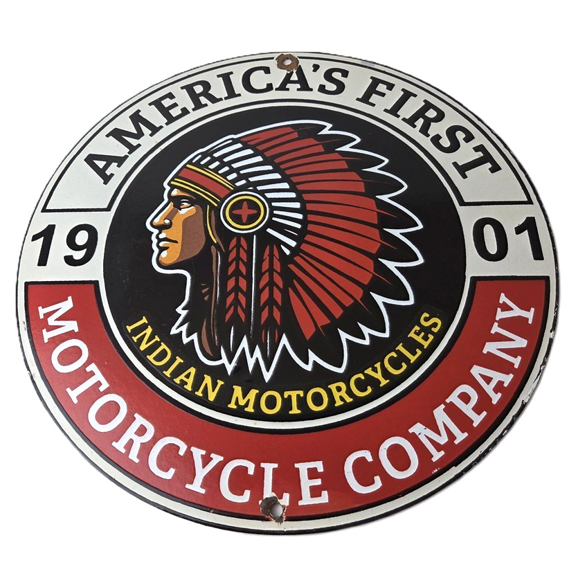 Vintage Indian Motorcycles Porcelain Sign – Americas First Sales Gas Pump Sign