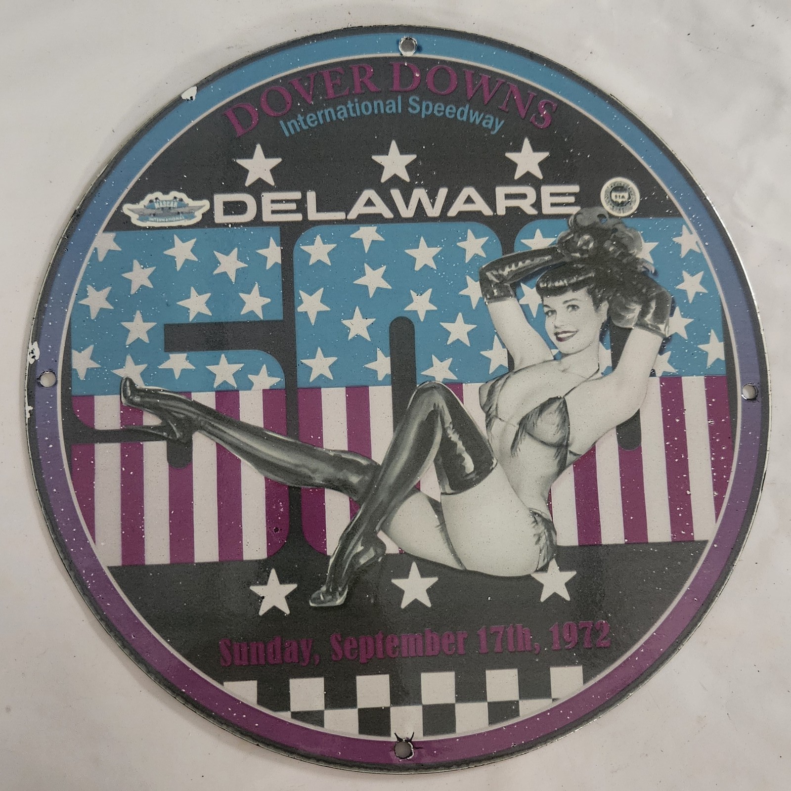 Vintage Dover Downs Porcelain Sign: A Classic Collectible from September 1972