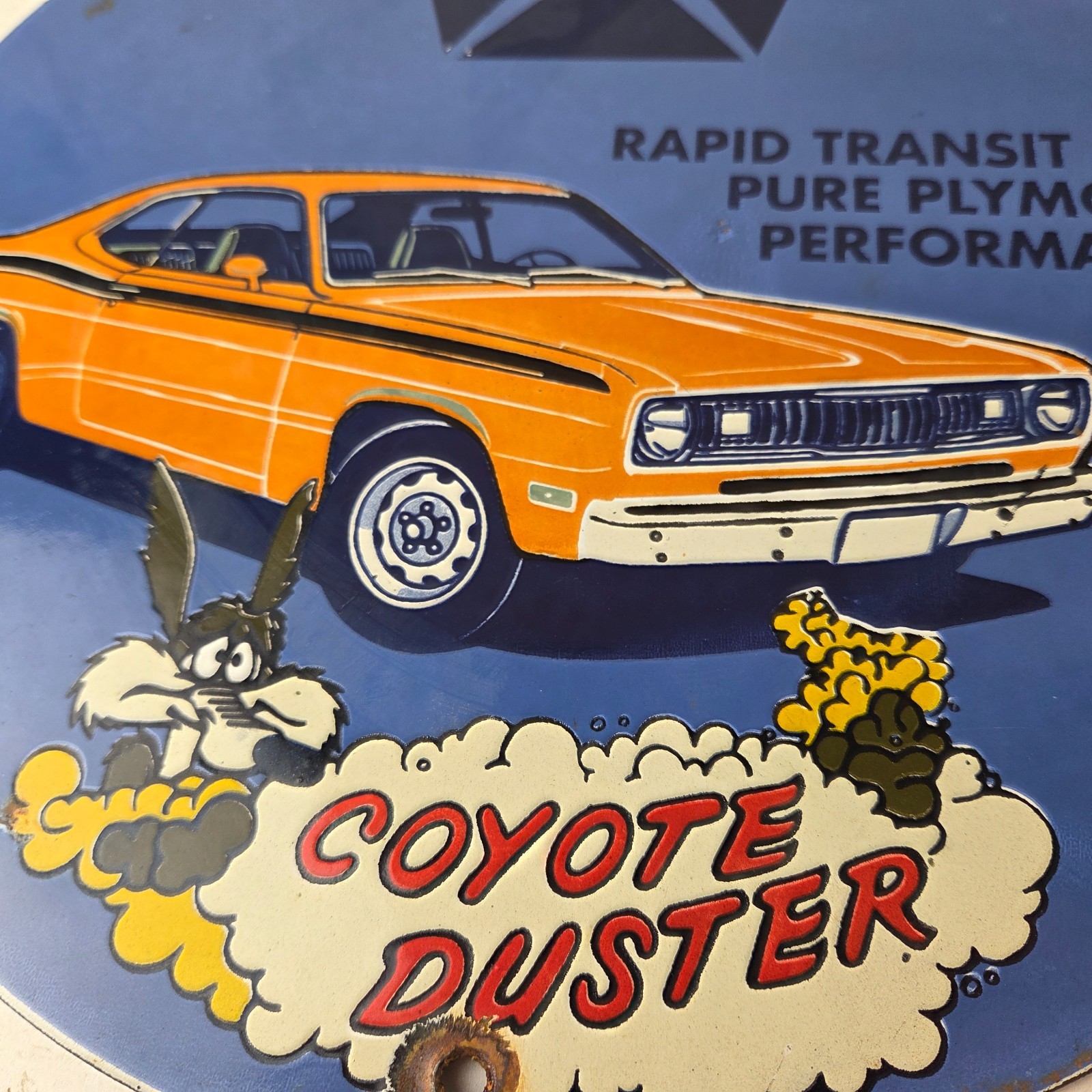 Vintage Plymouth Porcelain Sign – Coyote Duster Auto Shop Gas Station Sign