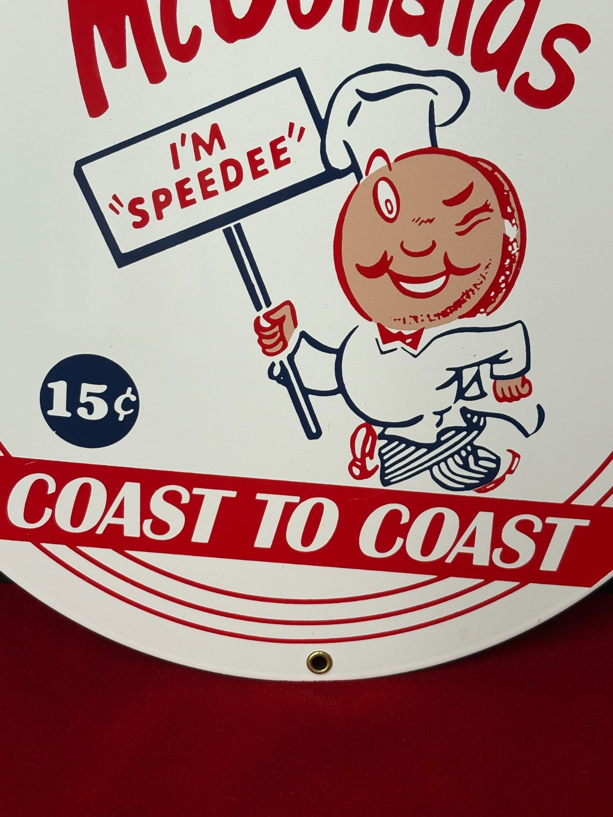 VINTAGE “McDONALD’S COAST TO COAST” PORCELAIN ADVERTISING SIGN (11.5″) NEAR MINT
