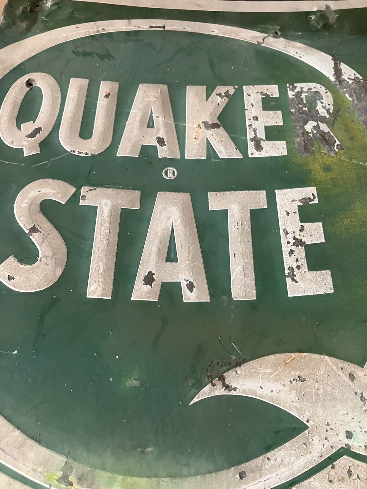 Quaker State Oil Advertising Sign Tin Litho Pressed Metal Letters 28”x 37” 1950s