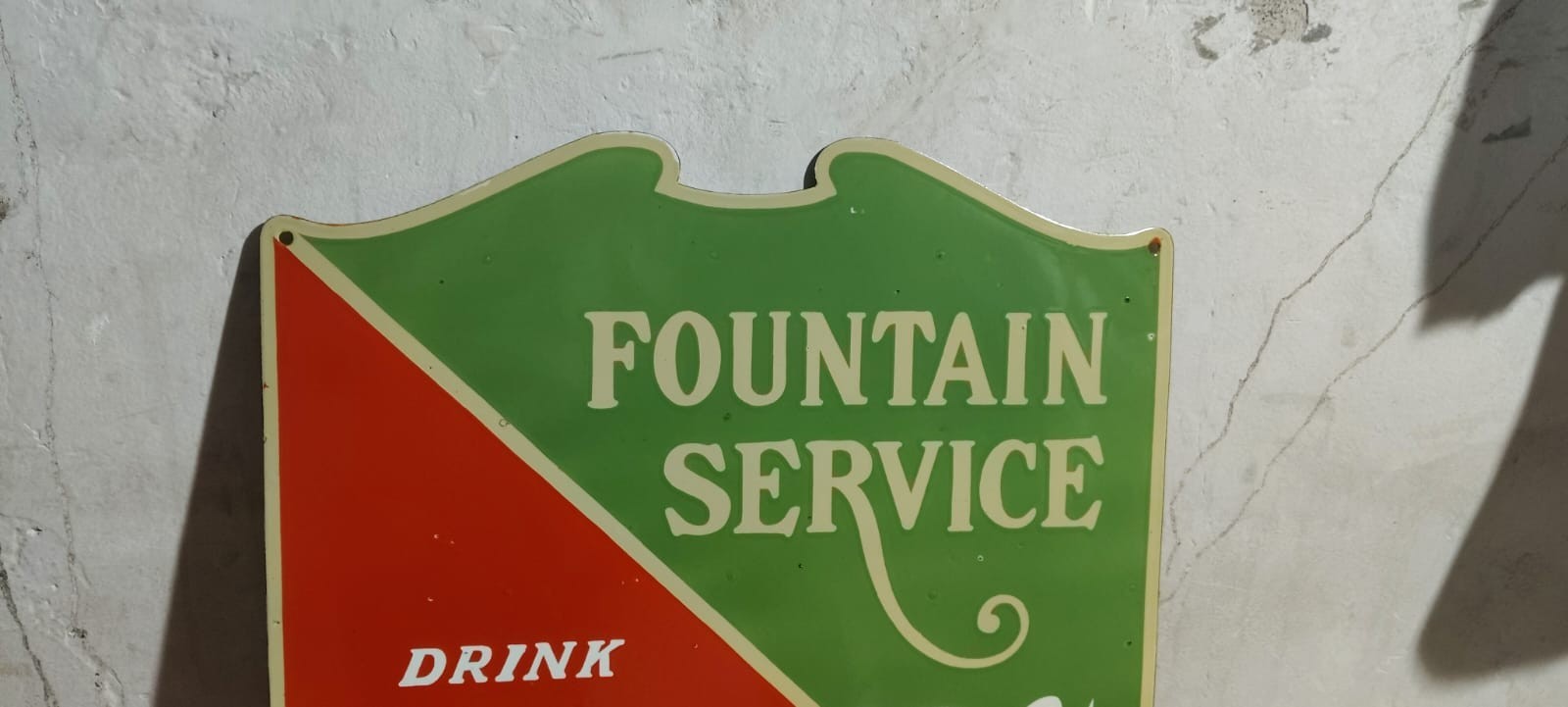 Drink Coca Cola Fountain Service Porcelain Enamel Sign 26 x 22.5 Inches 2 Sided