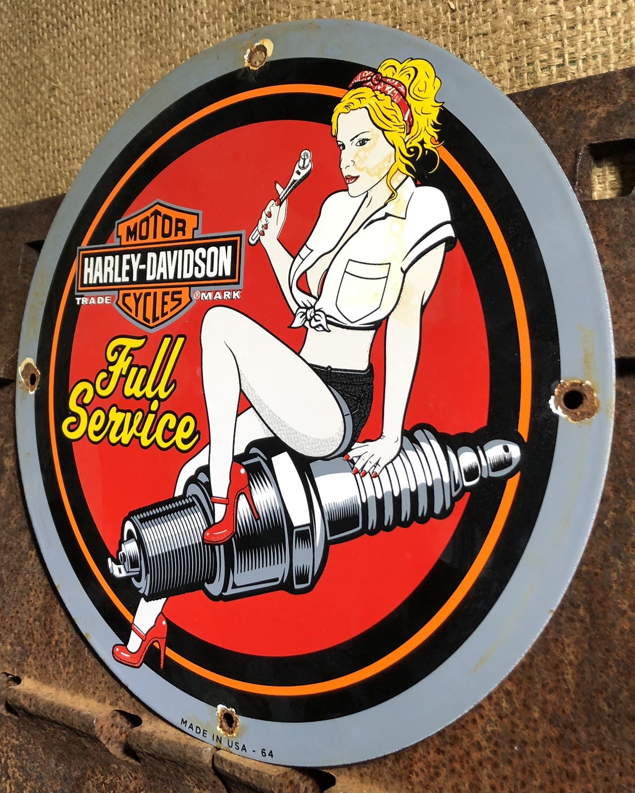 VINTAGE 1964 DATED HARLEY DAVIDSON MOTORCYCLES PORCELAIN FULL SERVICE PINUP SIGN