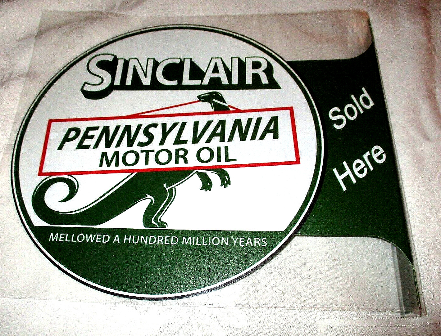 SINCLAIR PENNSYLVANIA MOTOR OIL Double-Sided Imprint Metal Flange Sign #02 – NEW