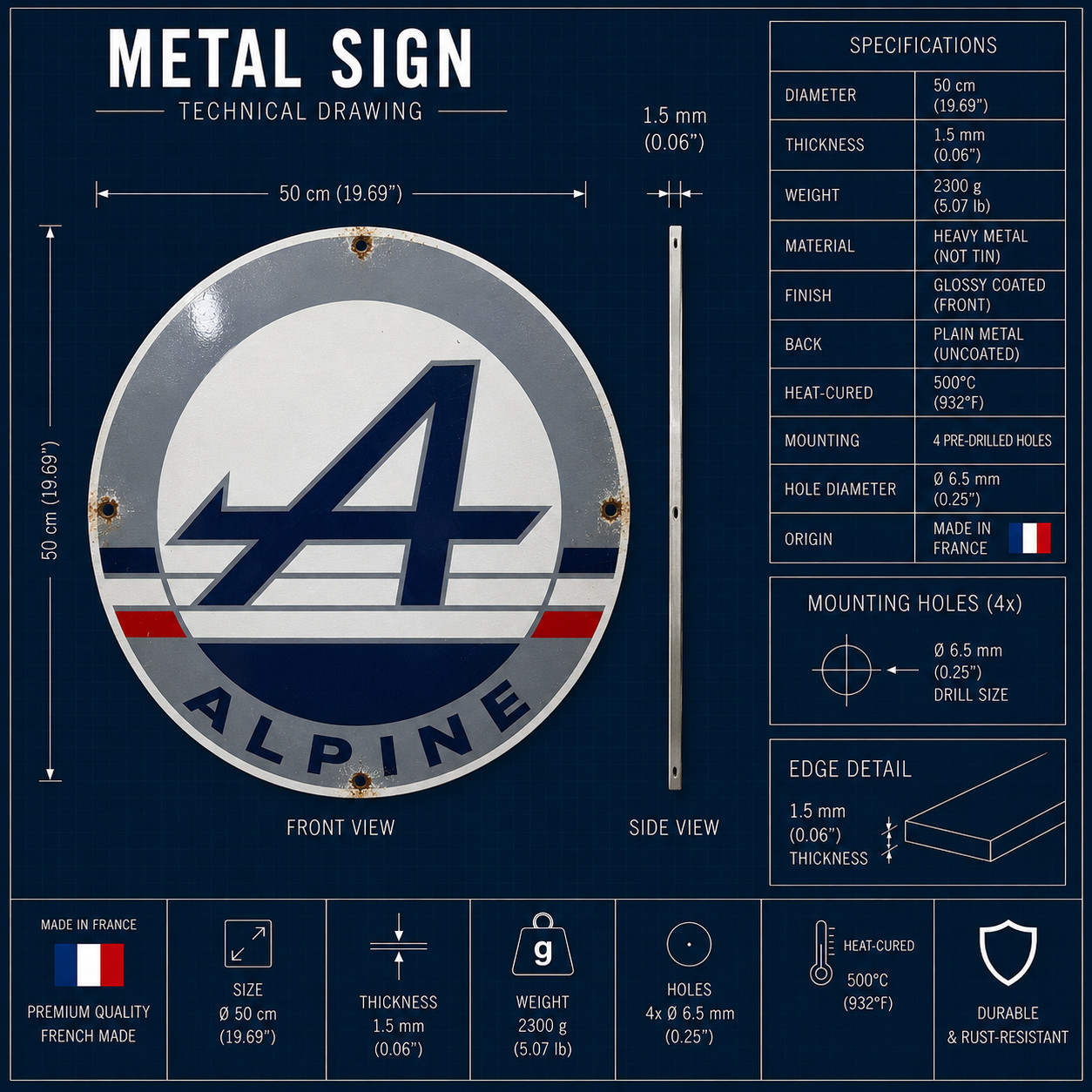 Alpine Rusted Vintage Racing Logo Heavy Metal Sign–Garage Decor – 50 cm (19.7”)