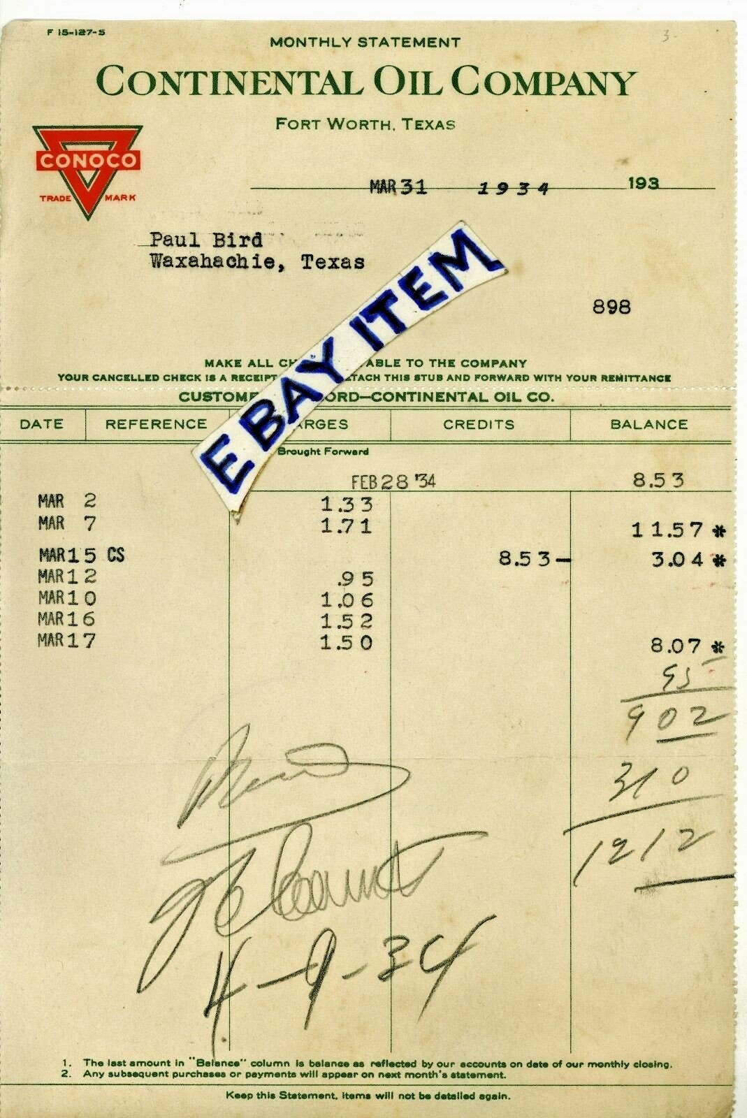 1934 FORT WORTH Texas CONTINENTAL OIL COMPANY monthly statement CONOCO gasoline