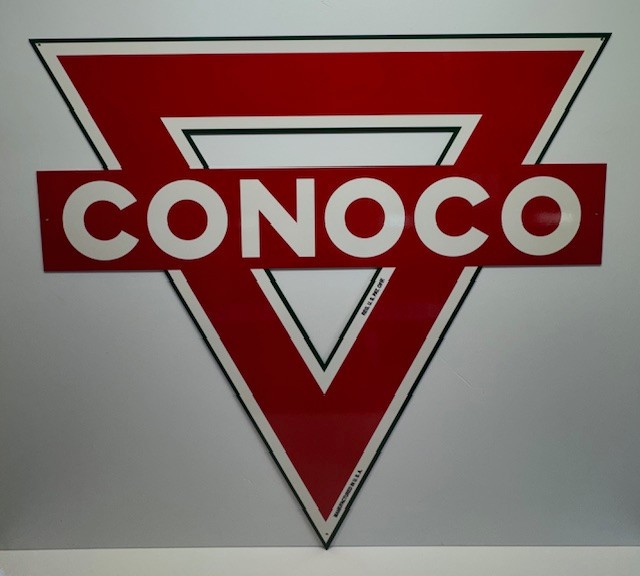 CONOCO DIE CUT BIG HEAVY-DUTY TRIANGULAR DOUBLE SIDE STEEL ENAMEL SIGN 36″ X 38″
