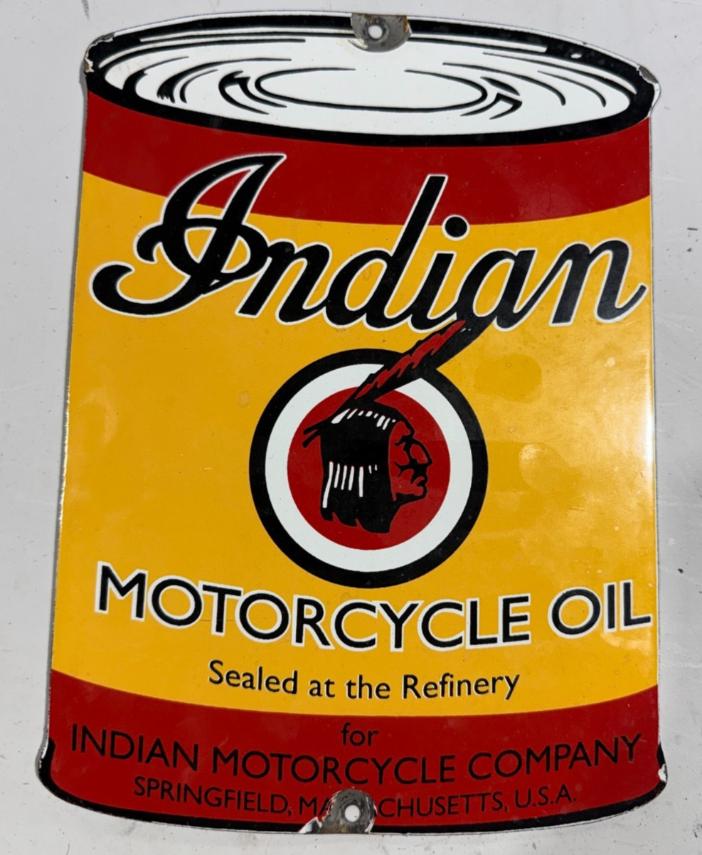 VINTAGE 1950s INDIAN MOTORCYCLE OIL PORCELAIN SIGN SPRINGFIELD,MASS. 11″x8″.