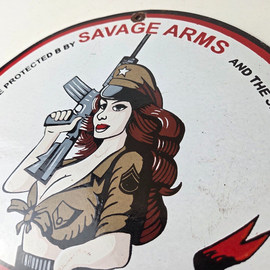 Vintage Savage Arms Sign – 2nd Amendment, Warning, Gun Protect Gas Pump Sign