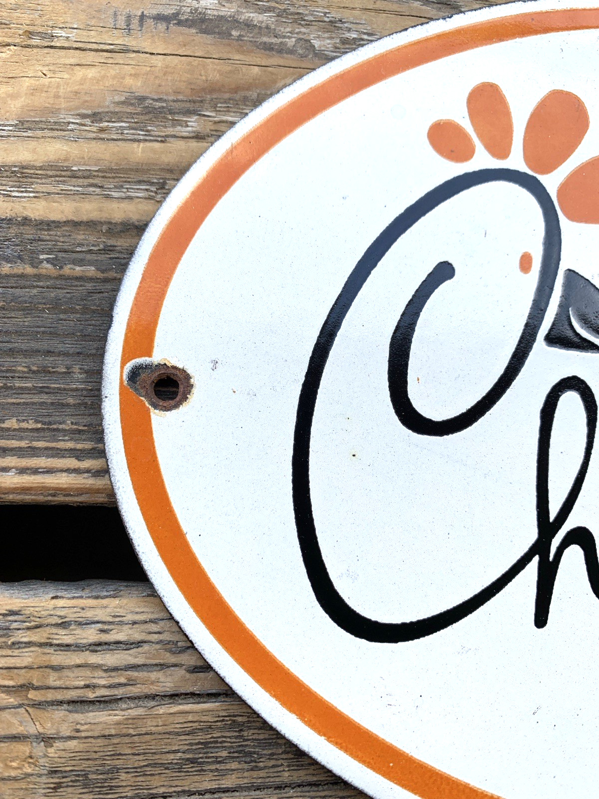 VINTAGE CHICK-FIL-A 10×6.5″ FAST FOOD SODA POP GASOLINE PORCELAIN MOTOR OIL SIGN