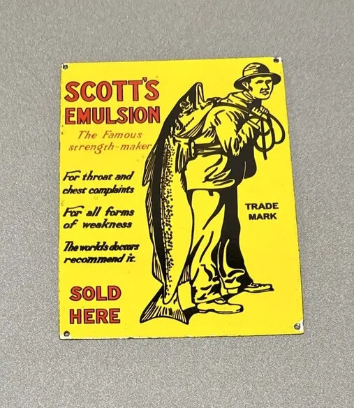 VINTAGE 14” SCOTTS EMULSION FISHING PORCELAIN SIGN CAR GAS TRUCK OIL AUTO