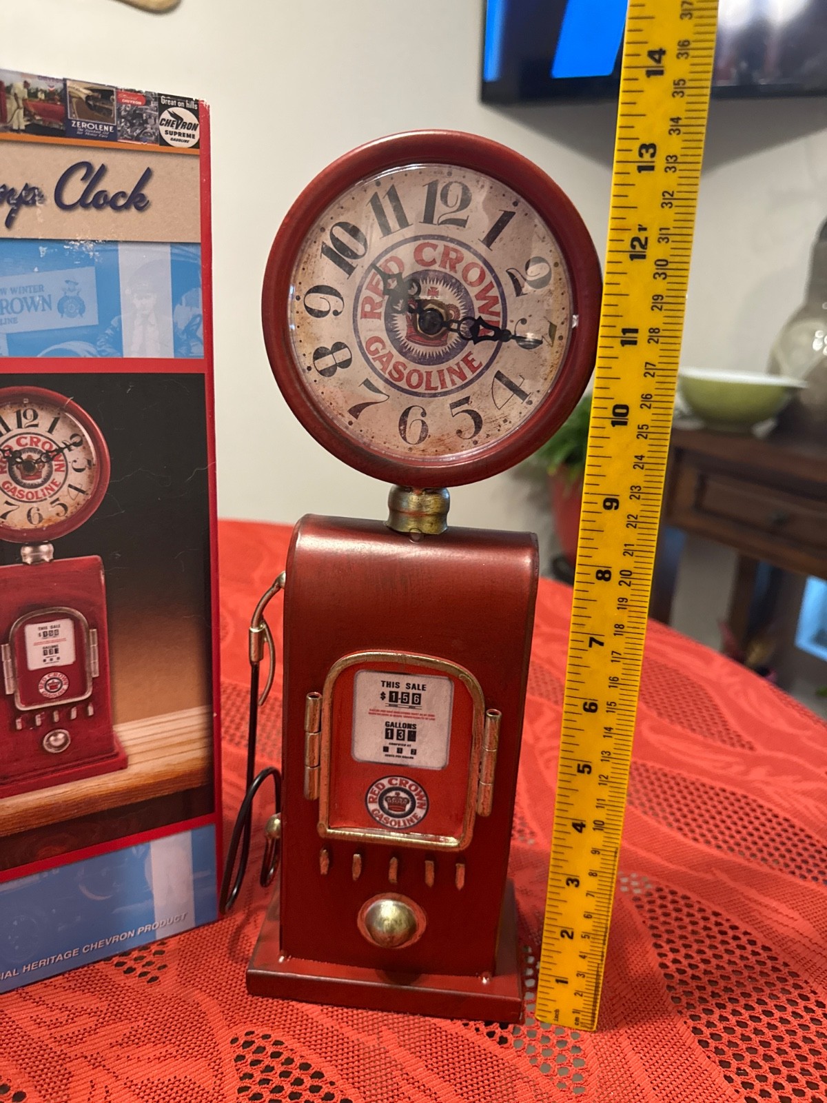 decorative Red Crown Gasoline gas pump desk clock, often sold as a vintage-style