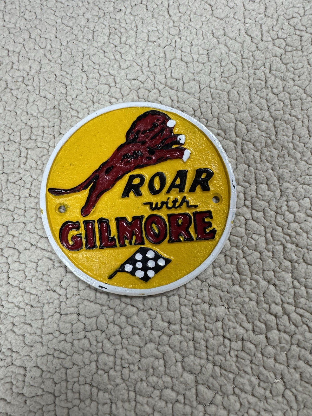 Stunning Cast Iron Roar with Gilmore Gasoline Pump Badge 5″ Round