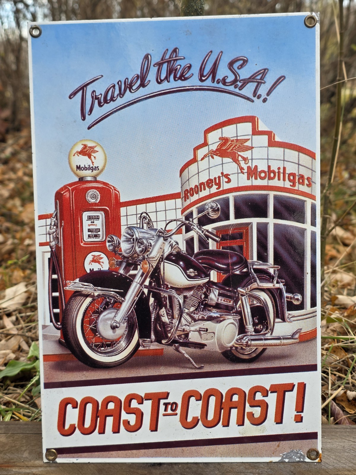 VINTAGE ROONEY’S MOBILGAS PORCELAIN SIGN TRAVEL THE U. S. MOBILGAS 12.5″x8″