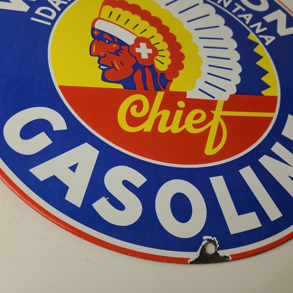 Vintage Washington Gasoline Sign – Indian Chief Gas Pump Porcelain Service Sign