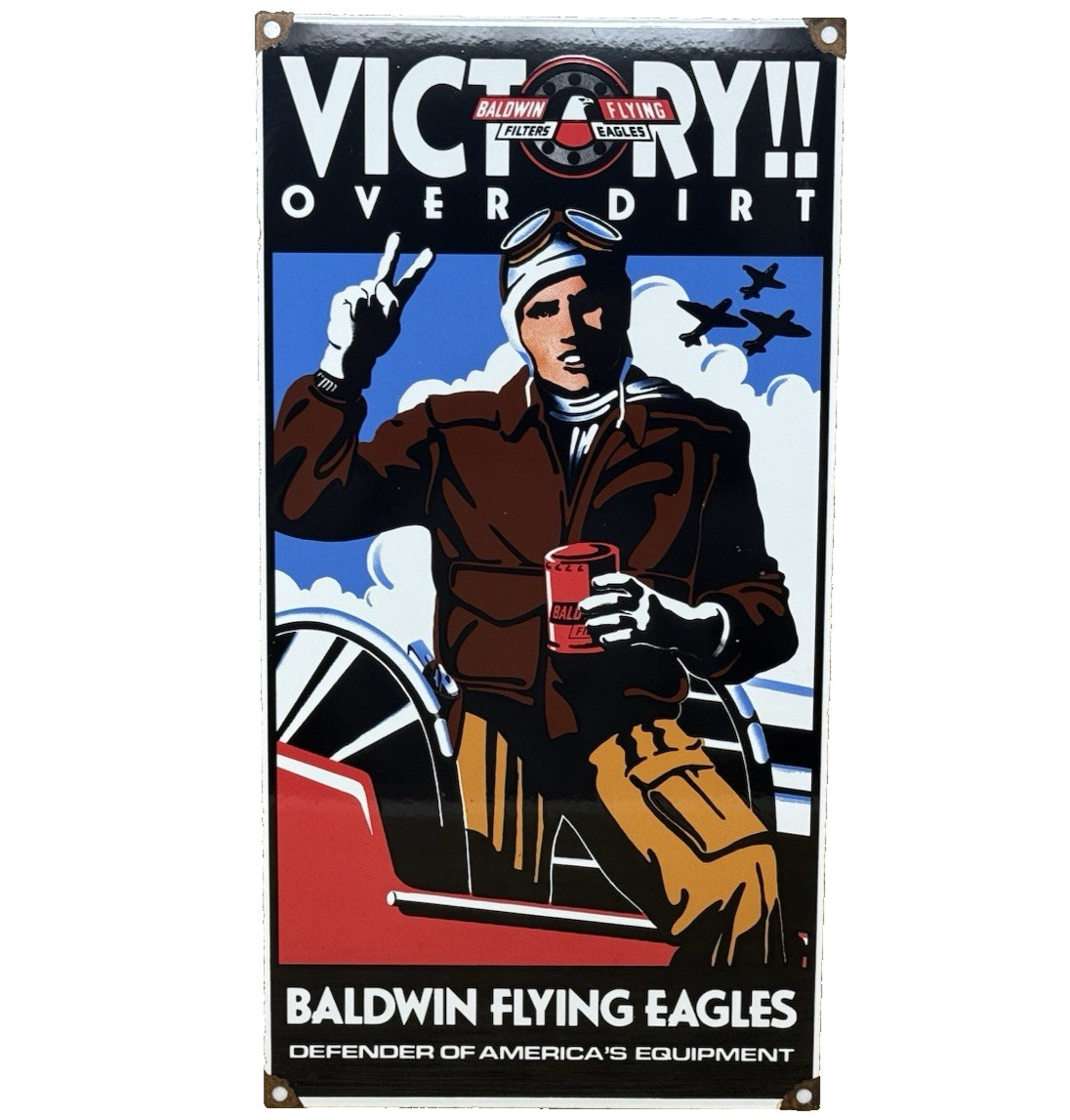 VINTAGE BALDWIN FLYING EAGLES PORCELAIN SIGN AIRPLANE HANGAR AVIATION FILTER GAS