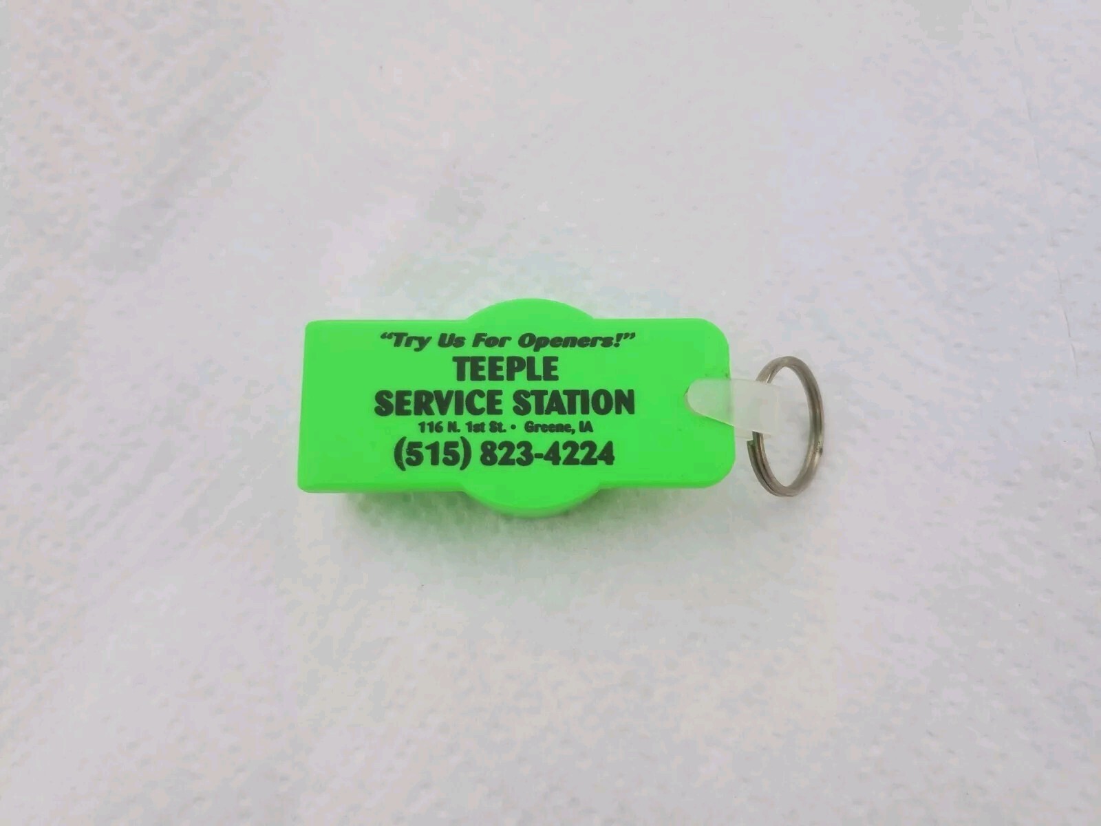 Green Plastic Keychain Bottle Opener Teeple Service Station Greene Iowa Gas Oil