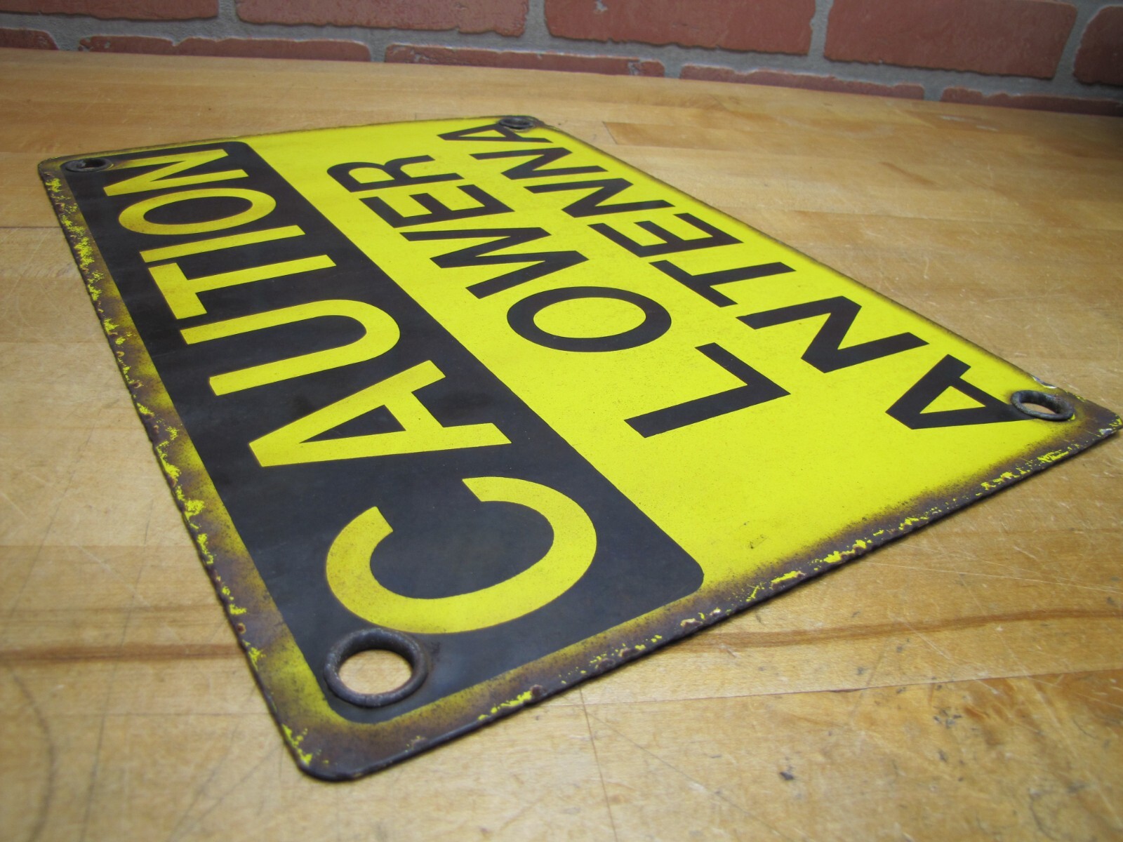 CAUTION LOWER ANTENNA Original Old Porcelain Sign Shop Car Wash Industrial RR