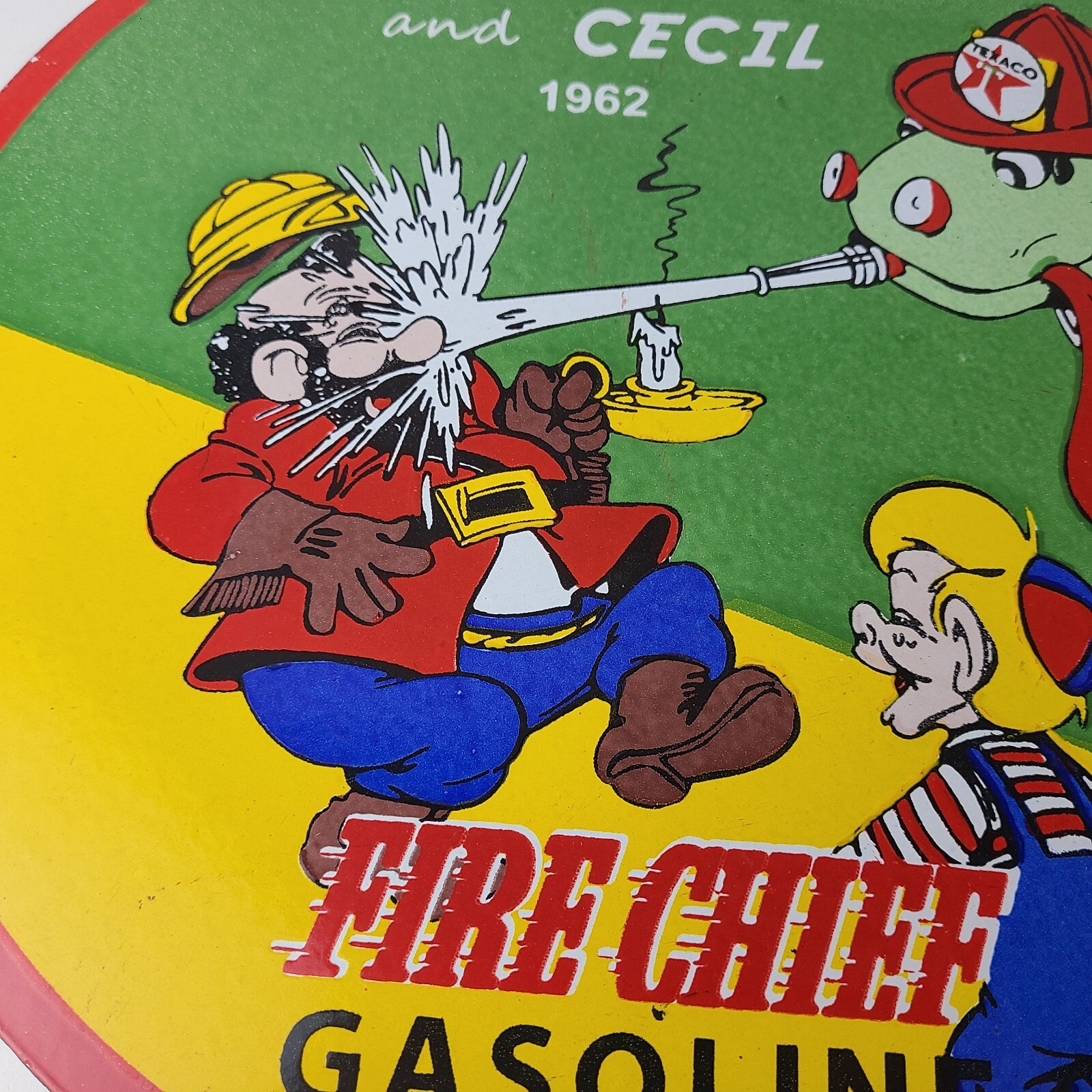 Vintage Texaco Gasoline Porcelain Sign – Firefighter Cecil Gas Pump Plate Sign
