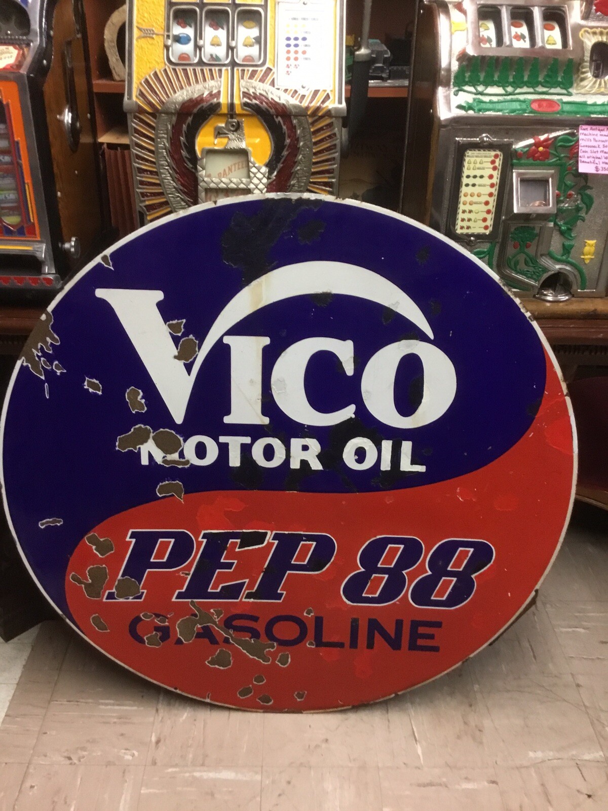 Ultra Rare 1930s 40s Vico Pep88 Gasoline Double Sided Porcelain Sign 42 inches.