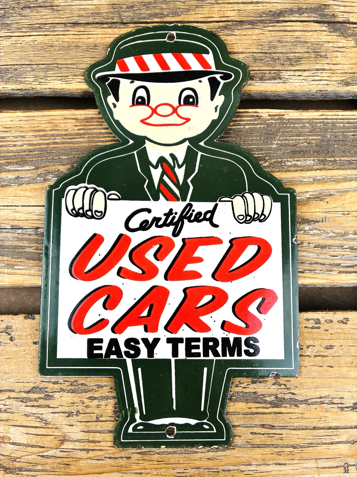 VINTAGE 12×7″ Certified USED CARS DEALERSHIP SALES MOTOR OIL GAS PORCELAIN SIGN
