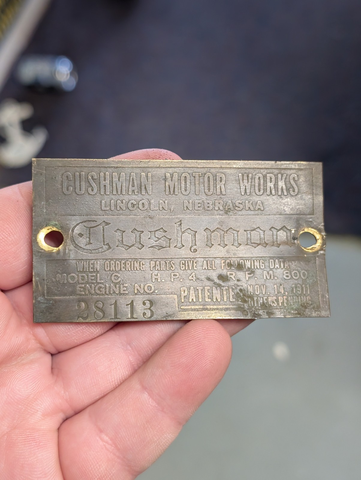 Cushman Motor Works Lincoln Nebraska Brass Tag Sign Scooter